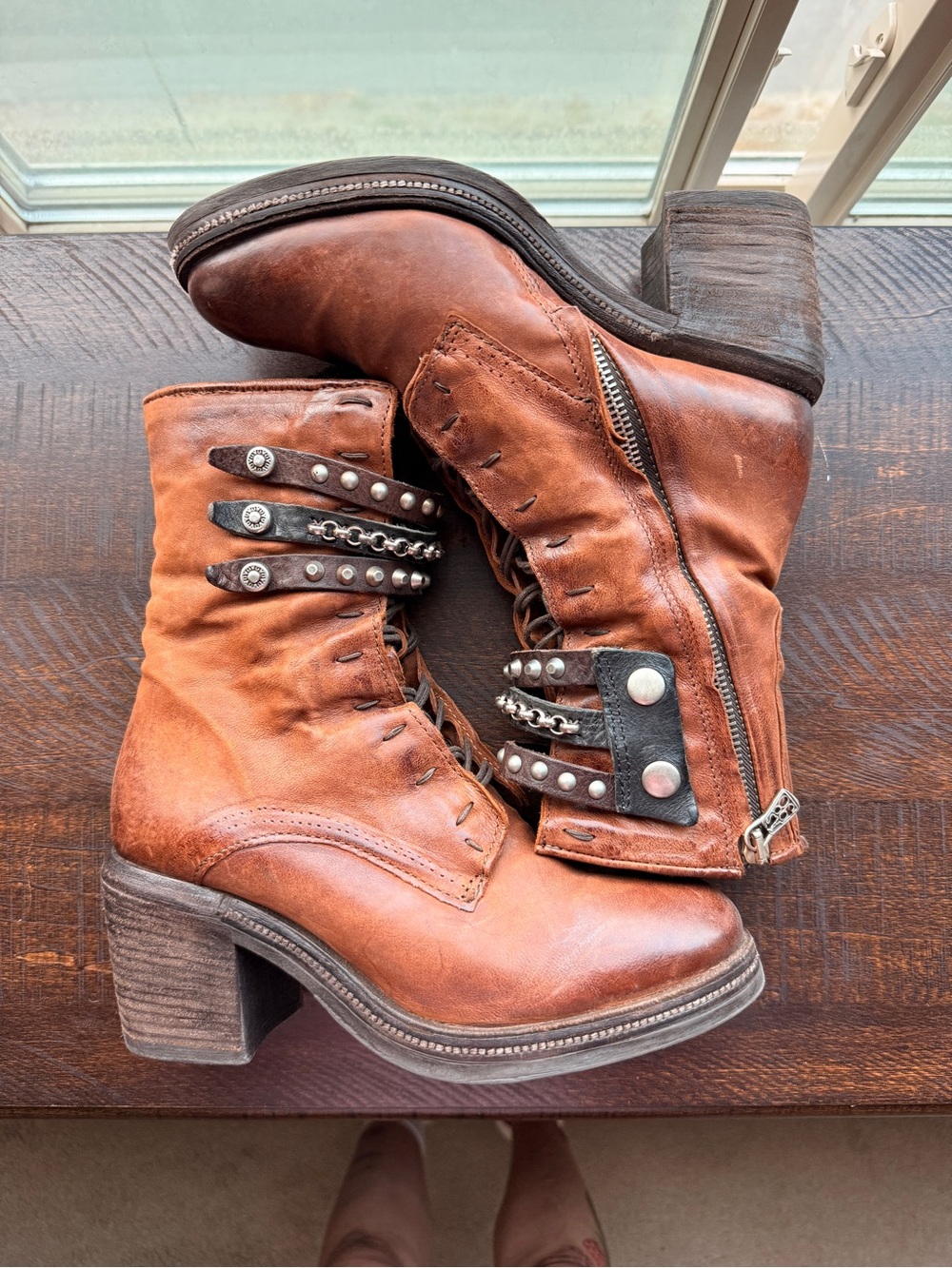 AS98 Fleece-Lined Women’s Brown Leather Studded Lace-Up Ankle Boots 38/8